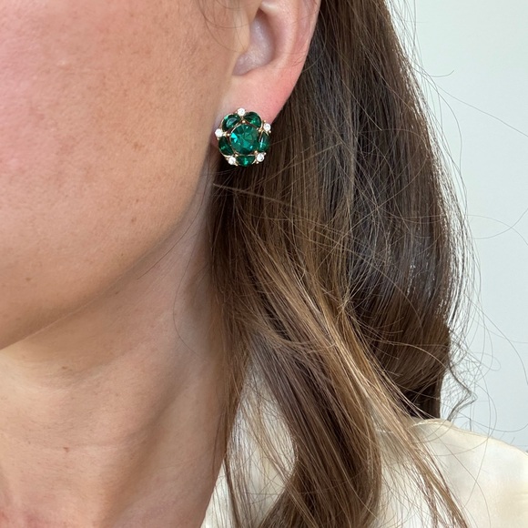 Vintage Green and Clear Rhinestone Earrings, Vintage Christmas Clip on Earrings - Picture 1 of 4